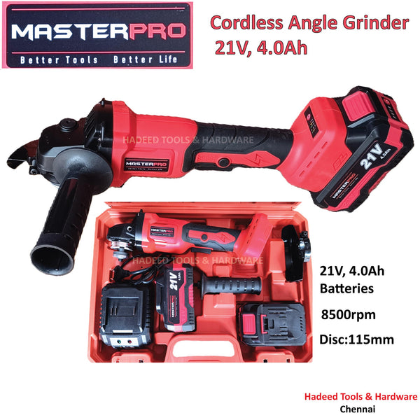 Cordless Angle Grinder 115mm MasterPro Make, with Brushless Motor, 21V, 4.0Ah Double Battery with charger