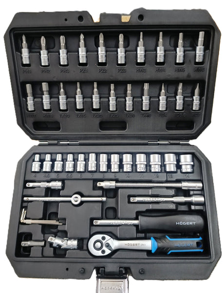 HOGERT HT1R216 46-Piece 1/4 Inch Drive Socket Set with German Cr-V Steel Tools